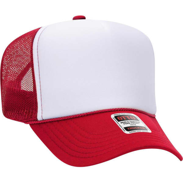 A high crown trucker cap featuring a red brim and mesh sides, with a white front panel and branding label.
