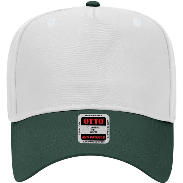 A white 5 panel mid crown baseball cap with a green brim, featuring a logo on the front.