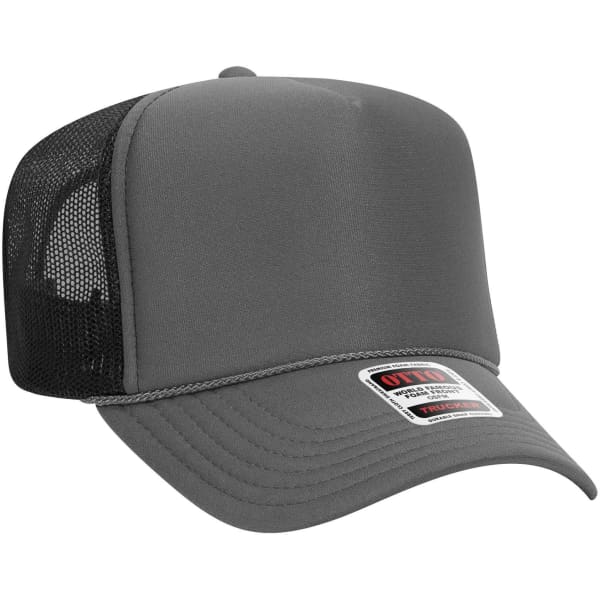 A grey 5 Panel High Crown Trucker Cap featuring a mesh back and a branding logo.
