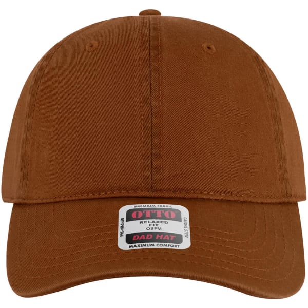 A brown 6 panel low profile dad cap with a logo tag on the front.