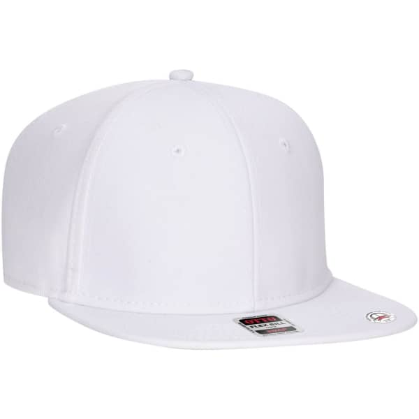 A white snapback cap with a flat visor and an adjustable strap at the back, featuring a logo.