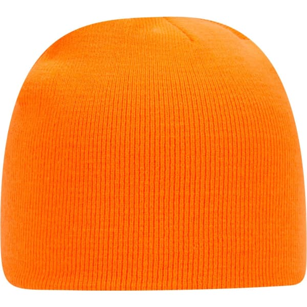 An orange knit beanie with a textured ribbed pattern and a smooth crown, featuring a logo on the side.