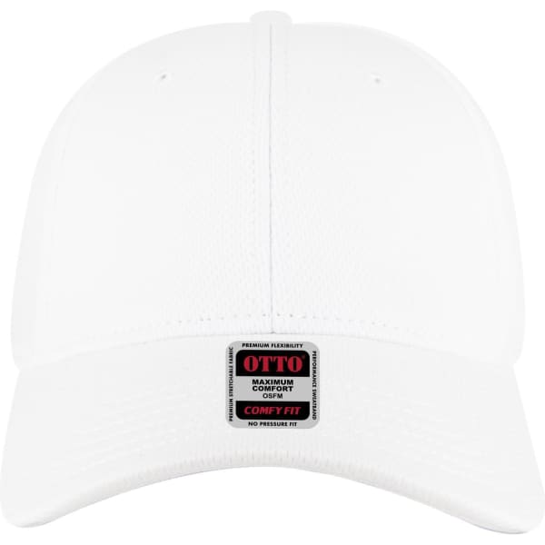 A white low-profile six-panel baseball cap featuring a logo on the front.