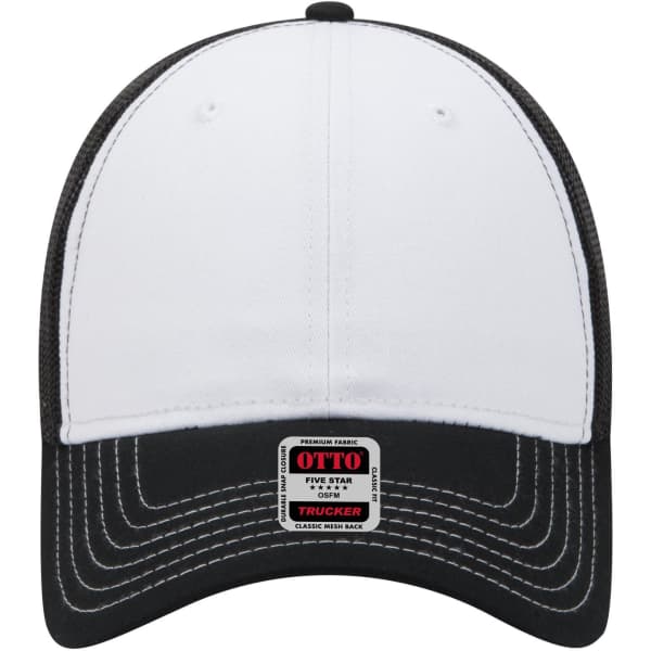 A low profile trucker cap featuring a white front and a black mesh back, with a label on the brim.