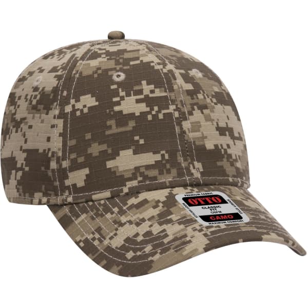 A camo-patterned low profile baseball cap in shades of green and brown, featuring a logo on the front.