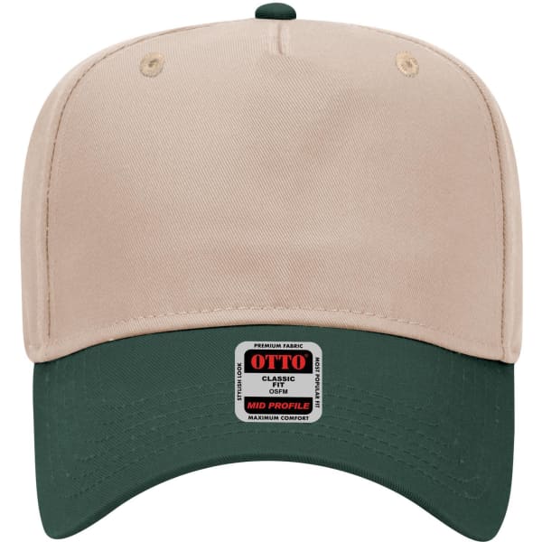A beige 5 panel mid crown baseball cap with a dark green peak and a logo patch on the front.