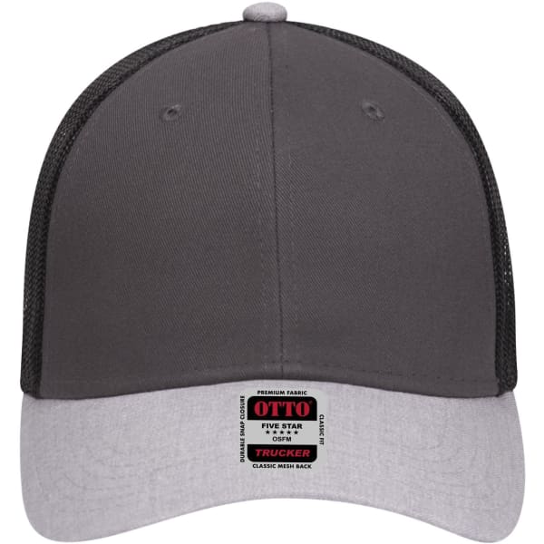 A grey and black six-panel low profile trucker cap with a mesh back and a branded tag on the front.
