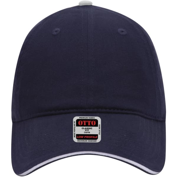 A low profile navy baseball cap with a branded label on the front and contrasting stitching on the visor.