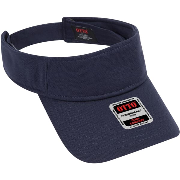 A navy sun visor with a wide brim and an attached adjustable strap, featuring a logo patch.
