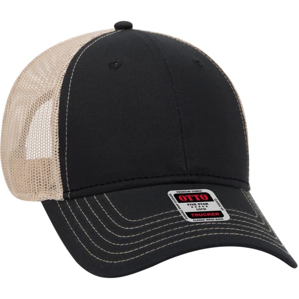 A black and beige 6 panel low profile trucker cap with a mesh back and a branded patch on the front.