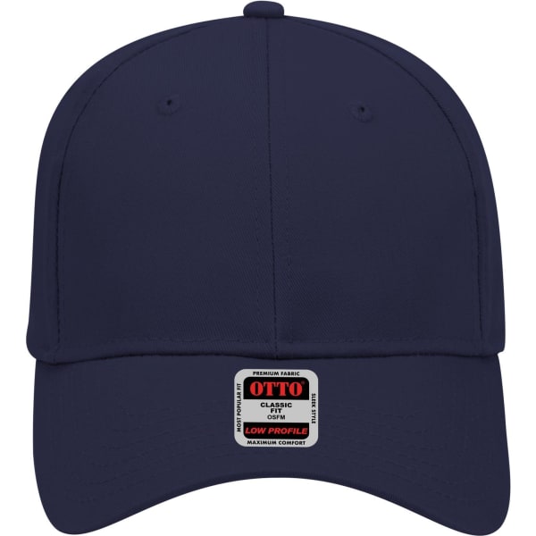 A navy blue 6 panel low profile baseball cap with a small logo on the front.