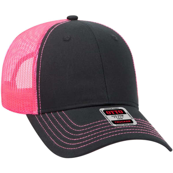 A 6 panel low profile trucker cap in black and pink, featuring mesh panels and a branded label.