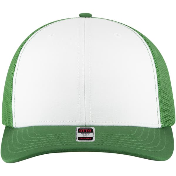 A six-panel mid-profile trucker cap featuring a white front and green mesh sides and brim. It has a logo tag on the front.