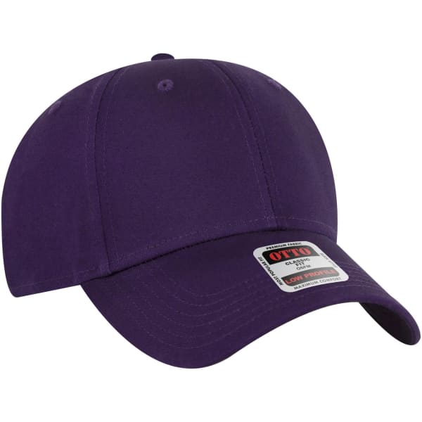 A purple 6 panel low profile baseball cap with a curved brim and a branding label on the side.