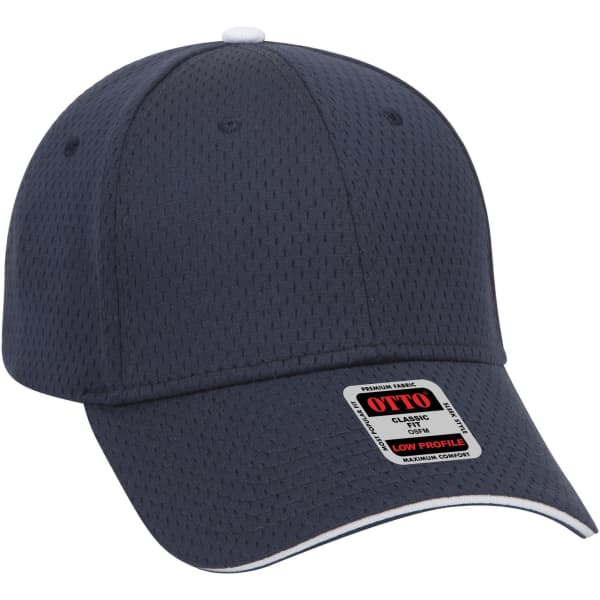 A navy blue 6 panel low profile baseball cap with a logo and a white accent on the brim.