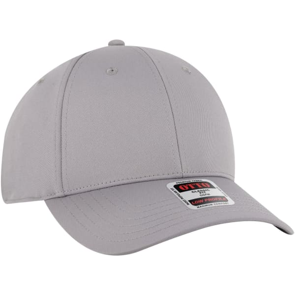 A grey six-panel low profile baseball cap with a branded label on the front.