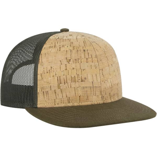 A cork-patterned trucker cap featuring a green visor and mesh back, with a logo on the front.