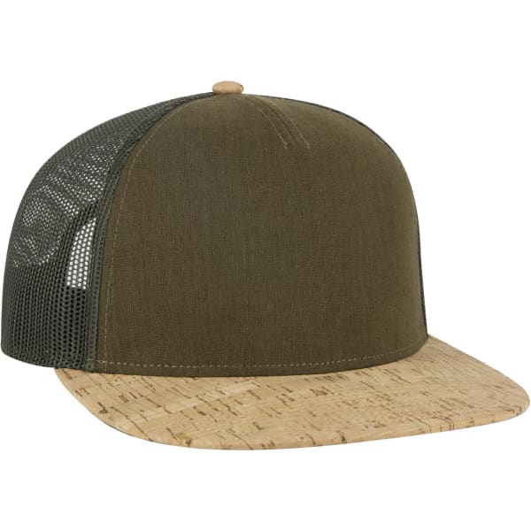 A green and cork 5 Panel Pro Style Trucker Cap featuring a mesh back and a flat brim, with a logo on the front.