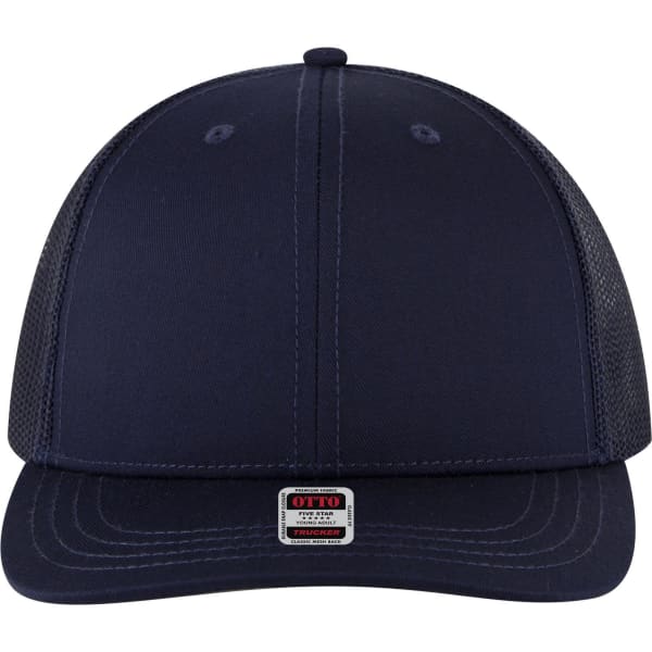 A navy blue 6 Panel Mid Profile Trucker Cap with mesh sides and a branded tag at the front.
