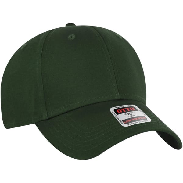 A dark green 6 panel low profile baseball cap with a logo on the front.