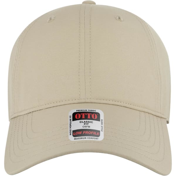 A beige 6 panel low profile style baseball cap featuring a logo on the front.