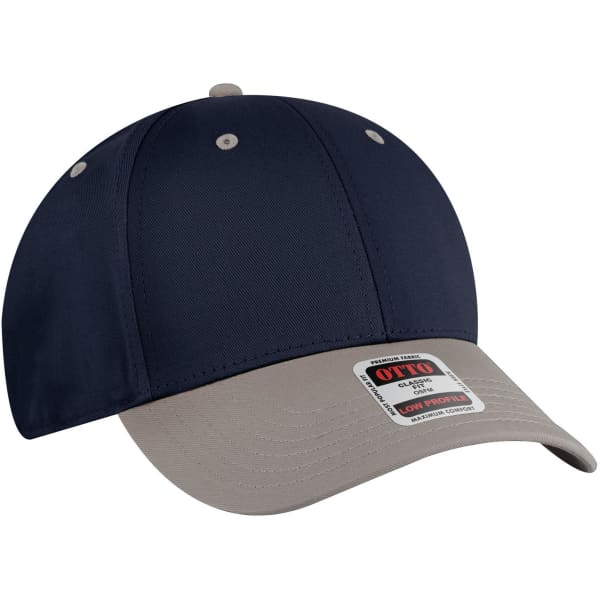 A navy blue and grey 6 panel low profile baseball cap with a front logo.
