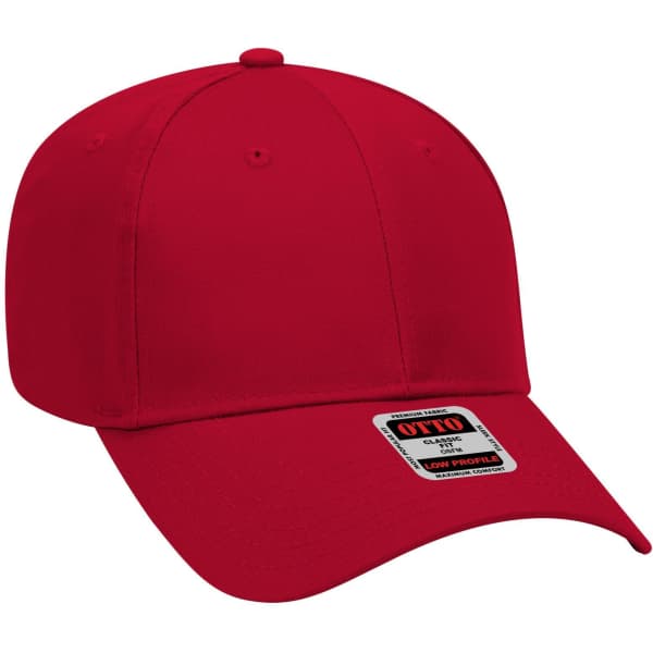 A red 6-panel low profile baseball cap with a logo on the front and a curved brim.