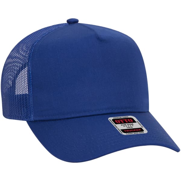 A blue 5 panel mid profile trucker cap with a mesh back and a logo on the front.
