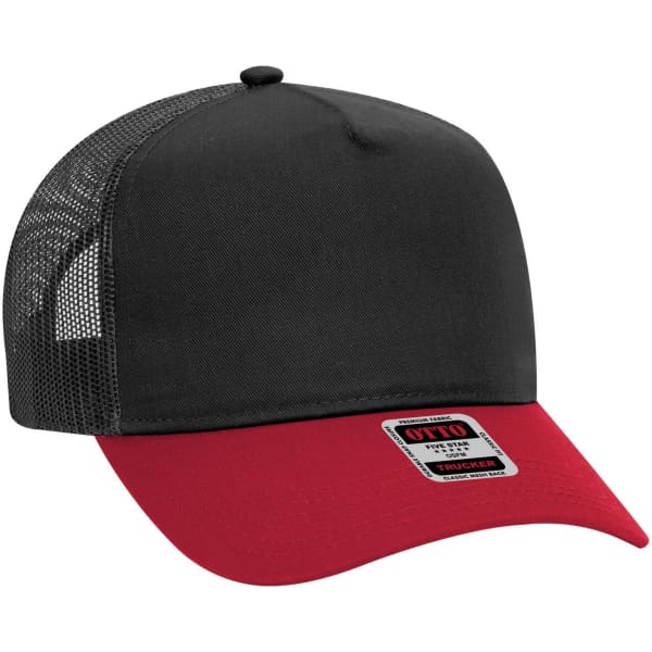 A black and red 5 Panel Mid Profile Trucker Cap with a mesh back and a logo tag on the front.