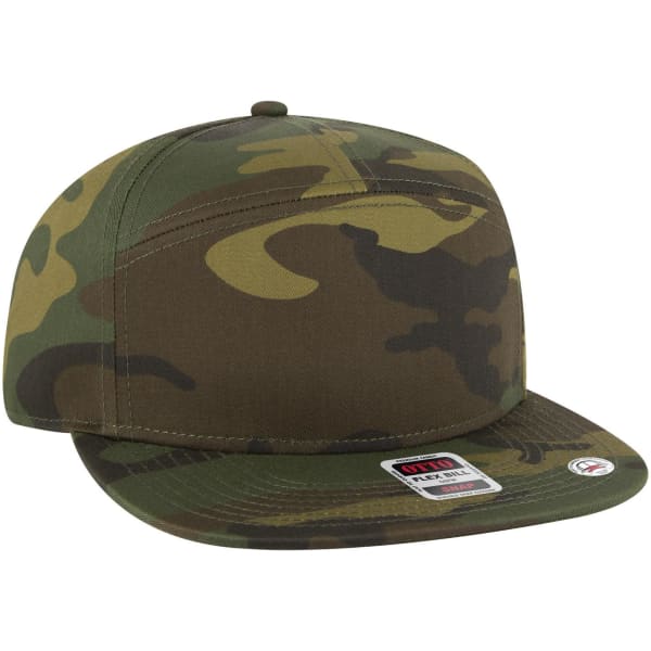 A camo-patterned snapback cap with a flat brim and a branding label on the front.