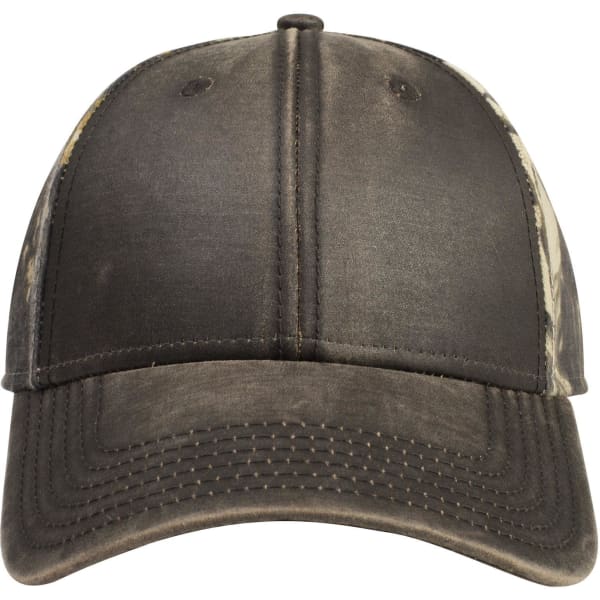 A camo 6-panel low profile baseball cap in shades of grey and brown, featuring a logo on the front.