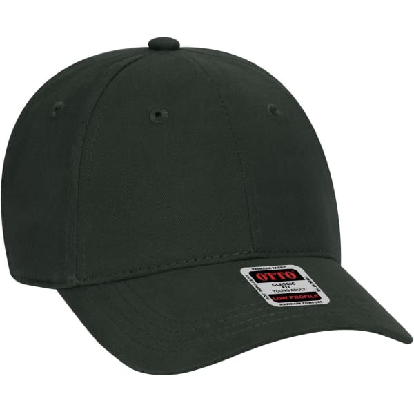 A dark green 6-panel low profile baseball cap featuring a logo on the front.