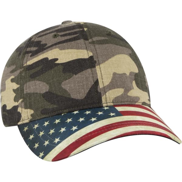 A camouflage baseball cap with a low profile and a brim featuring American flag design. It has a logo on it.
