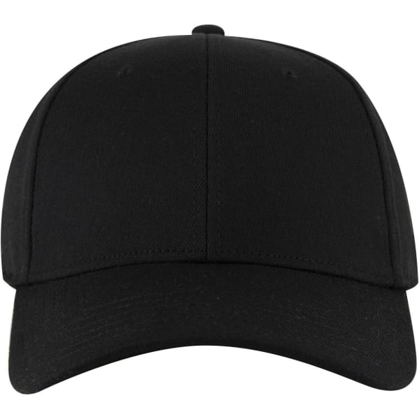 A black six-panel low profile baseball cap with a logo on the front.
