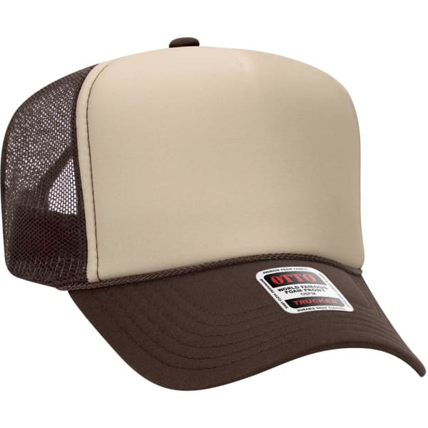 A beige and brown 5-panel high crown trucker cap with a mesh back and a logo on the front.