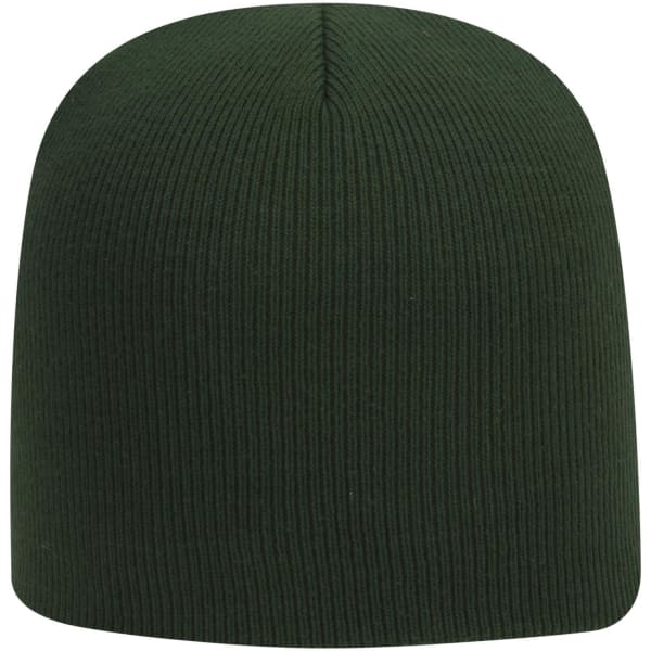 A green classic knit beanie with a ribbed texture and a rounded top. It features a branding logo.