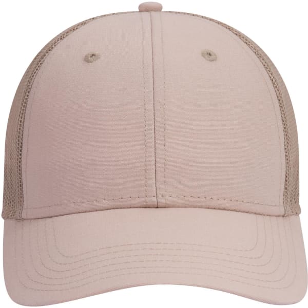 A 6 panel low profile trucker cap in a soft pink colour, featuring a mesh back and a branded logo.