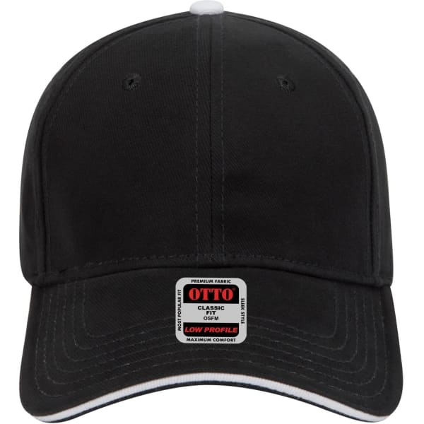 A black 6 panel low profile baseball cap with a branded label on the front. Features a stylish curved brim.