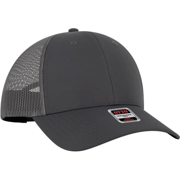 A grey low profile trucker cap with a solid front and mesh back, featuring a logo on the front panel.