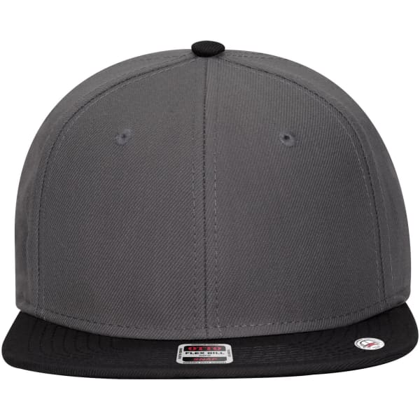 A six-panel mid-profile snapback cap with a grey body and a black brim, featuring a logo on the side.