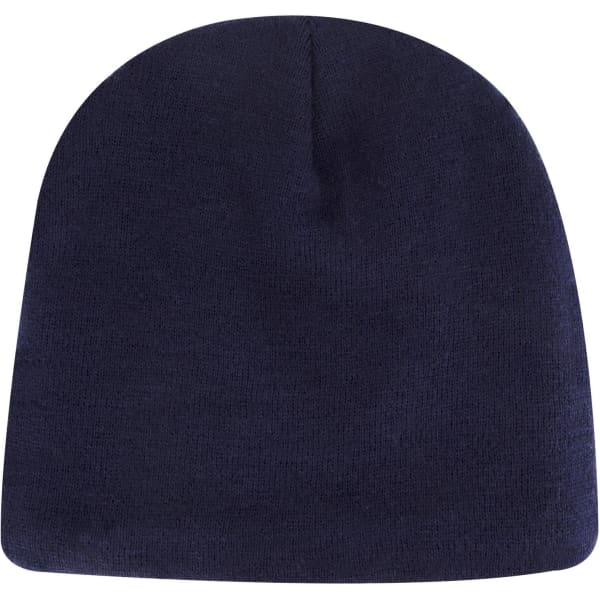 A classic knit beanie in navy blue, featuring a simple and sleek design. It has a logo on one side.