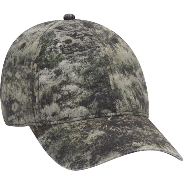 A camo-patterned 6-panel low profile baseball cap in shades of green and brown, featuring a logo on the front.