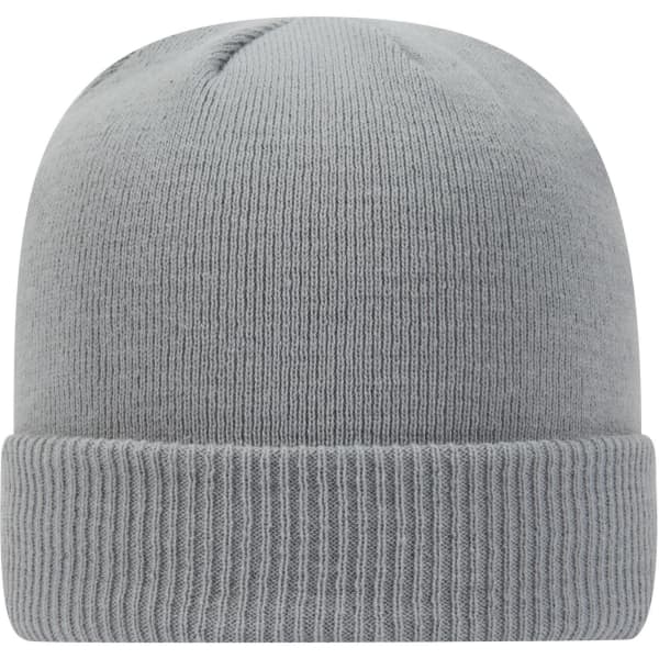 A grey classic knit beanie with a folded cuff and a textured finish. It features a logo.