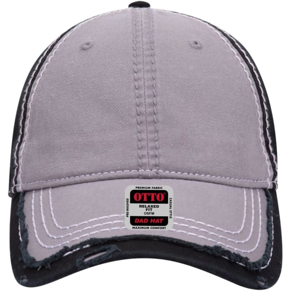 A grey and black 6 panel low profile dad cap featuring a logo. The cap has a relaxed fit and distressed detailing.