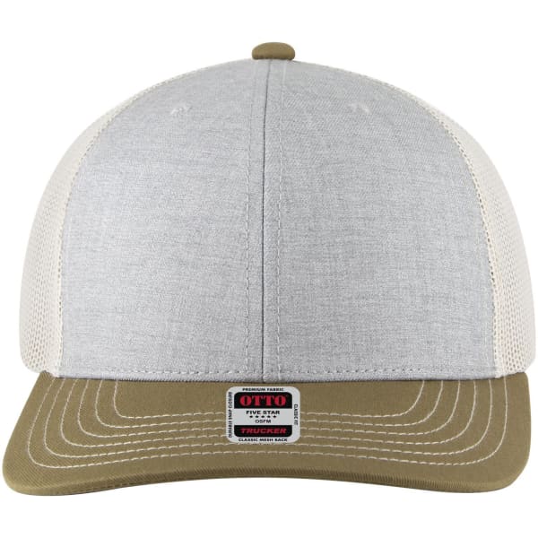 A grey and tan 6 panel mid profile trucker cap with a mesh back and a logo on the front.