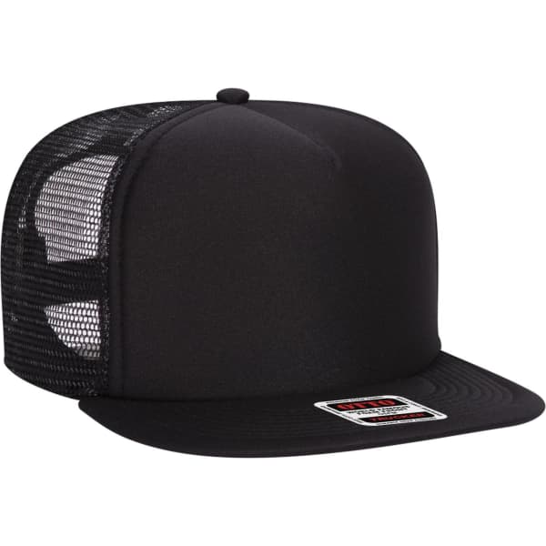 A black 5-panel high crown trucker cap featuring a mesh back and a flat brim, with a logo on the front.