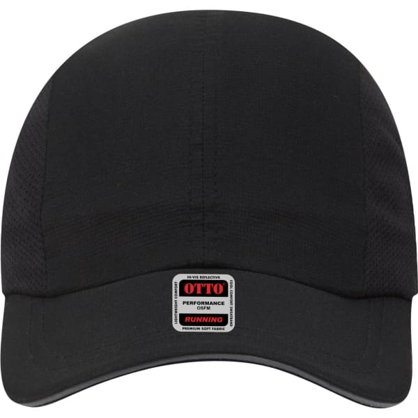 A black six-panel running cap featuring a logo and a structured design for performance.