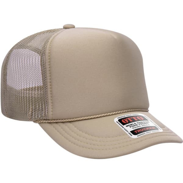A tan 5 Panel High Crown Trucker Cap featuring a mesh back and a branding label on the front.