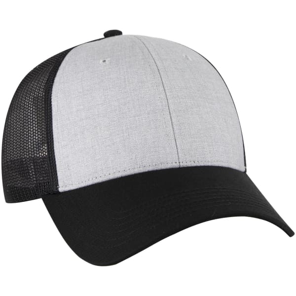 A grey and black low profile trucker cap with a breathable mesh back and a branded logo.