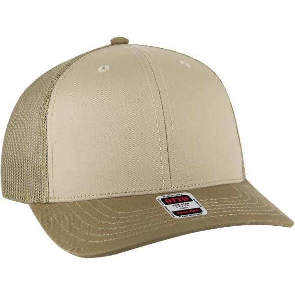 A beige 6 panel mid-profile trucker cap with a solid front and mesh back, featuring a logo on the side.